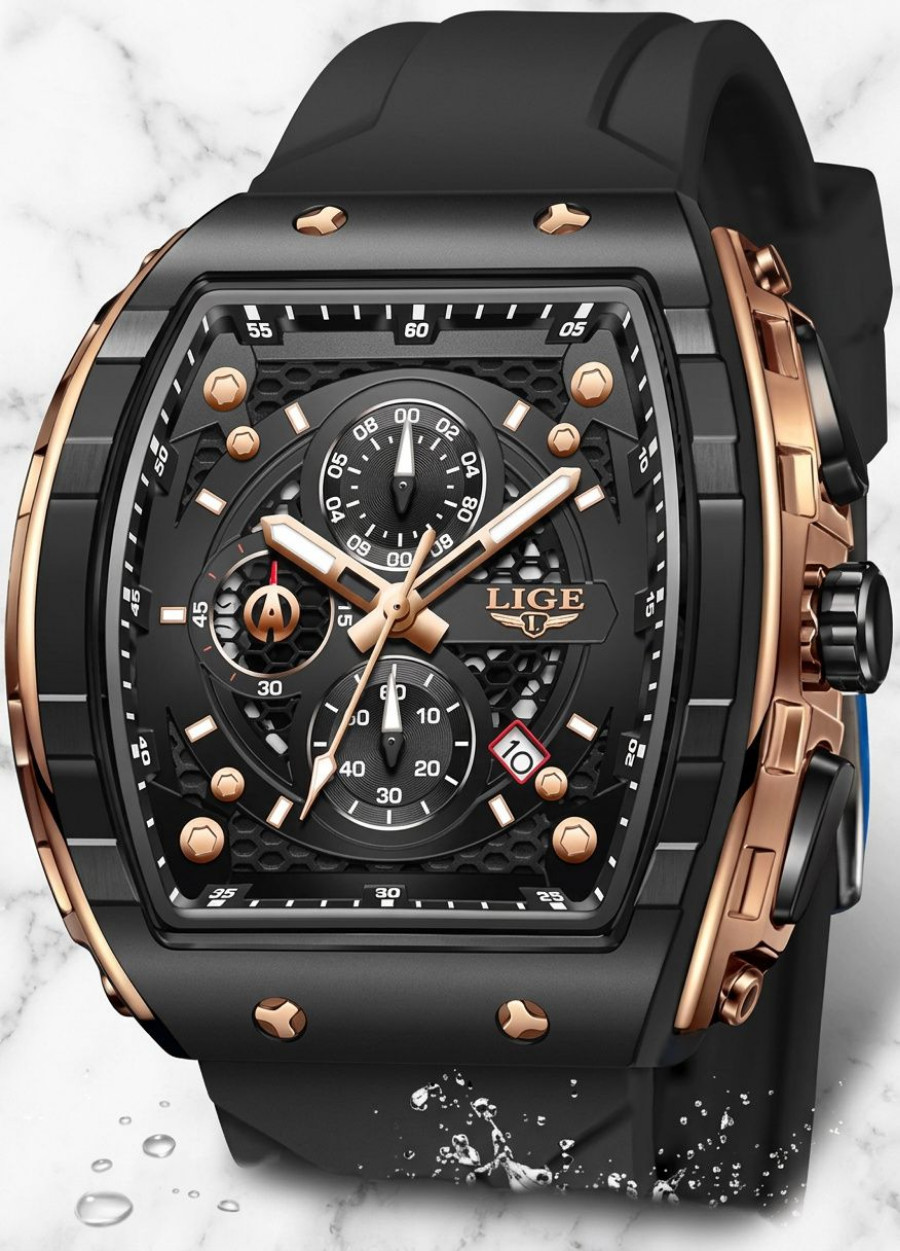 Men Black Dial Silicone Strap Rectangle Sports Wristwatch Gold Trim Analog Watch