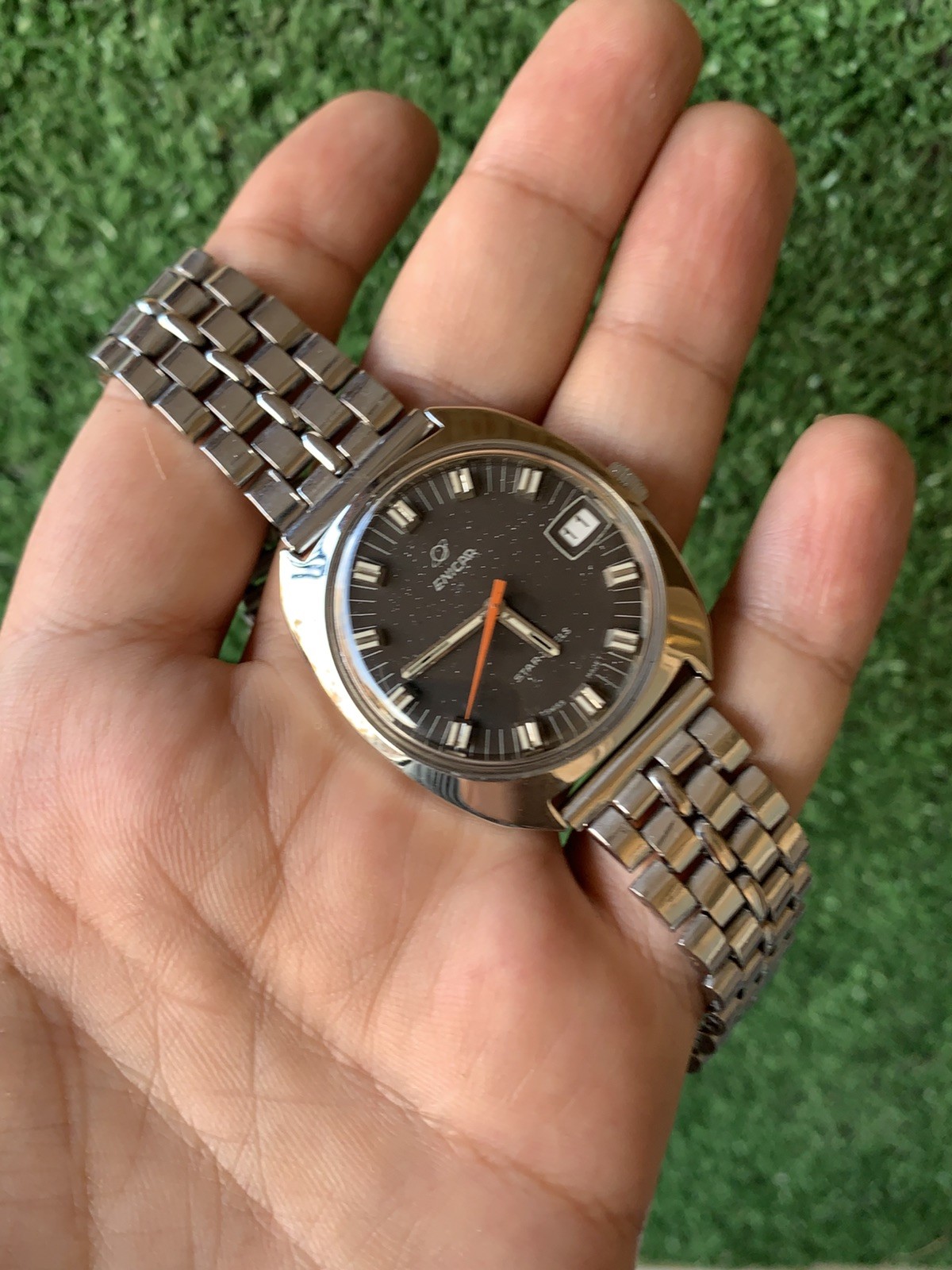 Vintage Enicar Ocean Pearl Watch Stainless Steel Star Jewels Dial 36mm Men 1960s