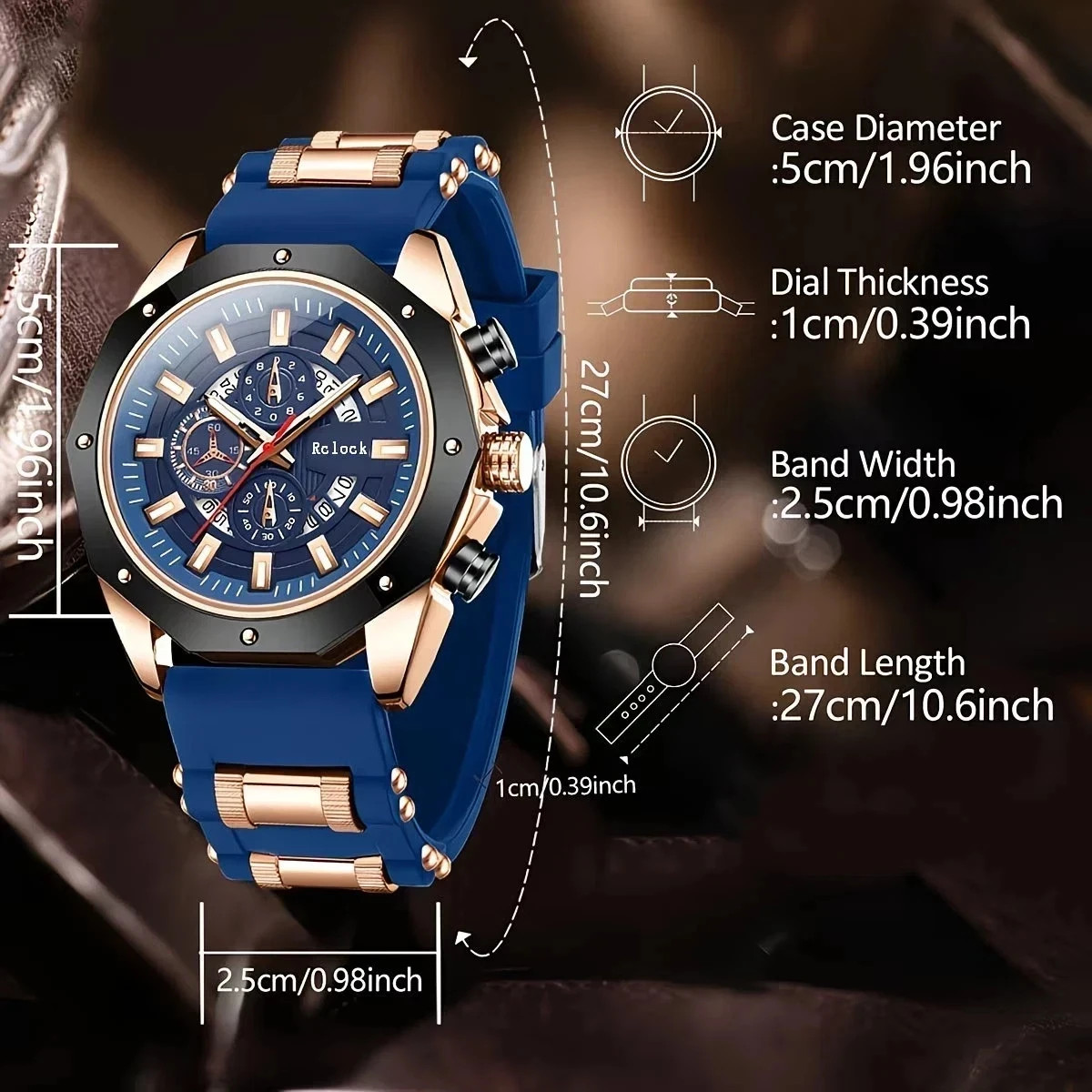 Men’s Luxury Analog Quartz Watch Chronograph & Date Display Blue Rose Gold NEW