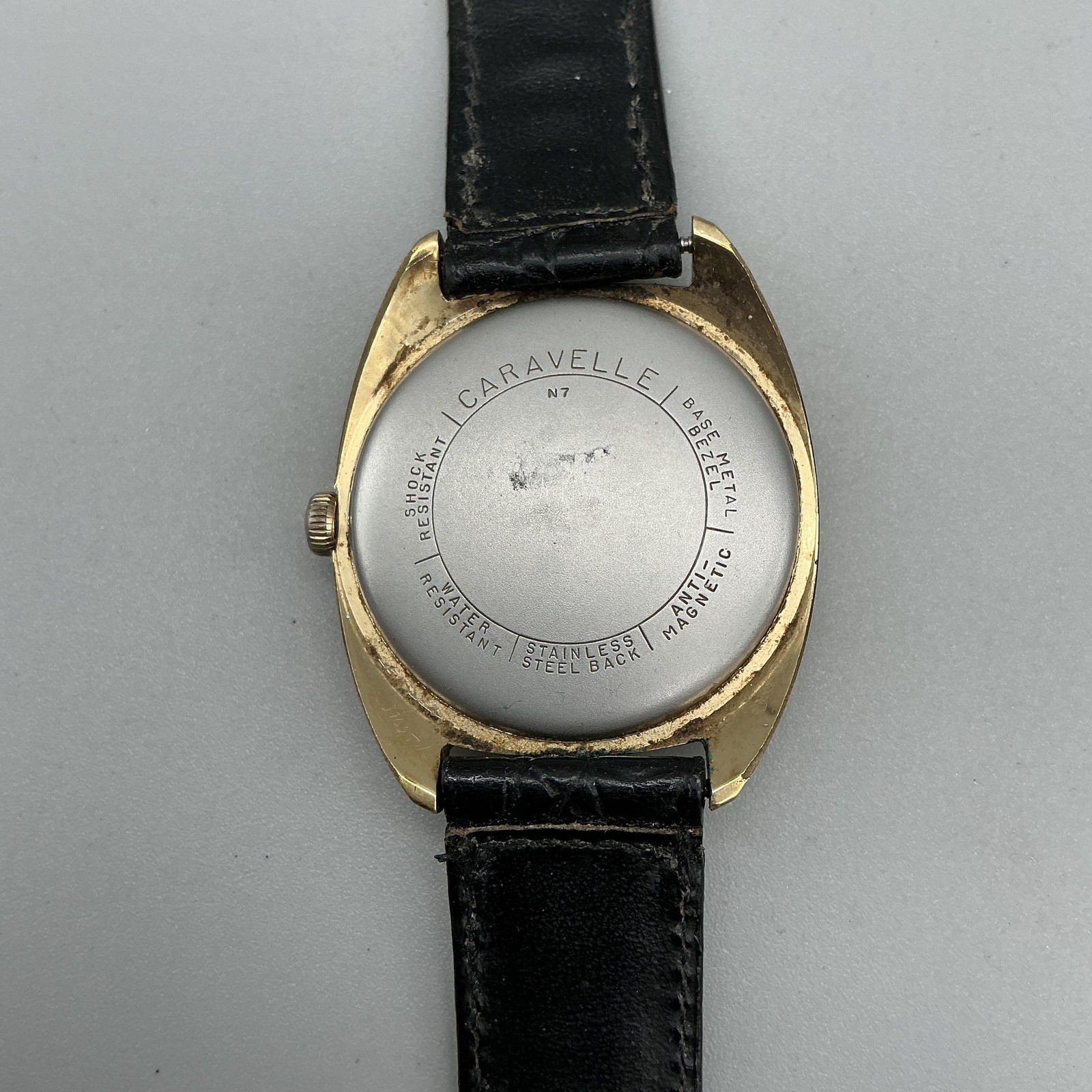 Vintage Caravelle Mens Watch 33mm Black Dial Gold Tone Case Manual Leather Strap