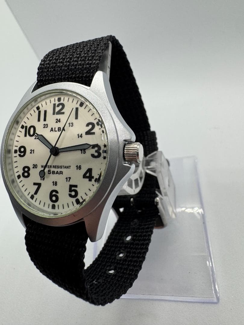 ALBA VJ21-KP20 Military Quartz Watch Off-White Dial 24H Nylon Strap New Battery