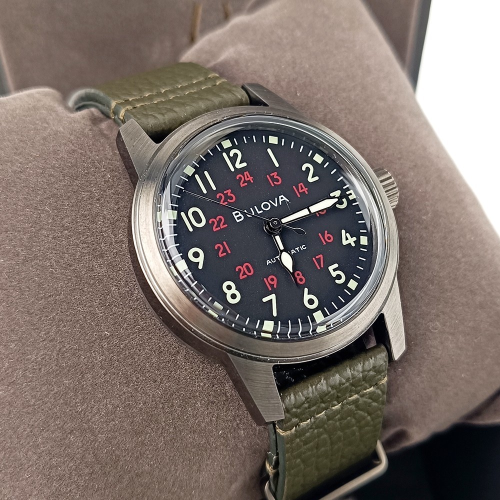 Bulova Military Hack 98A255 Black Dial Green Leather Strap Automatic Men’s Watch