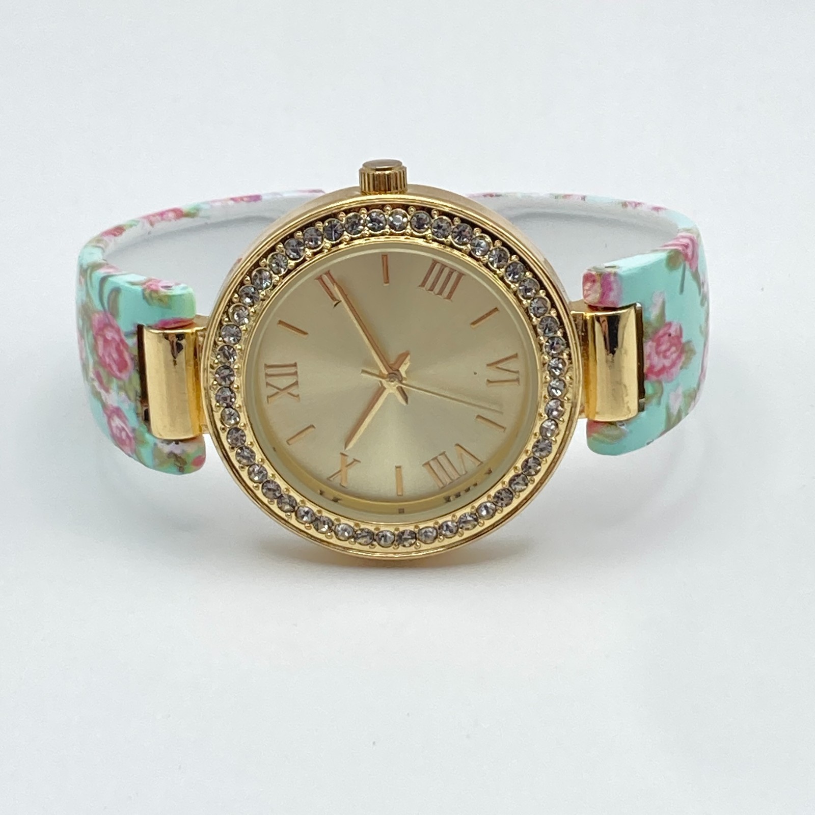 Accutime Womens Watch Gold Tone Cuff English Rose Crystals Floral New Battery
