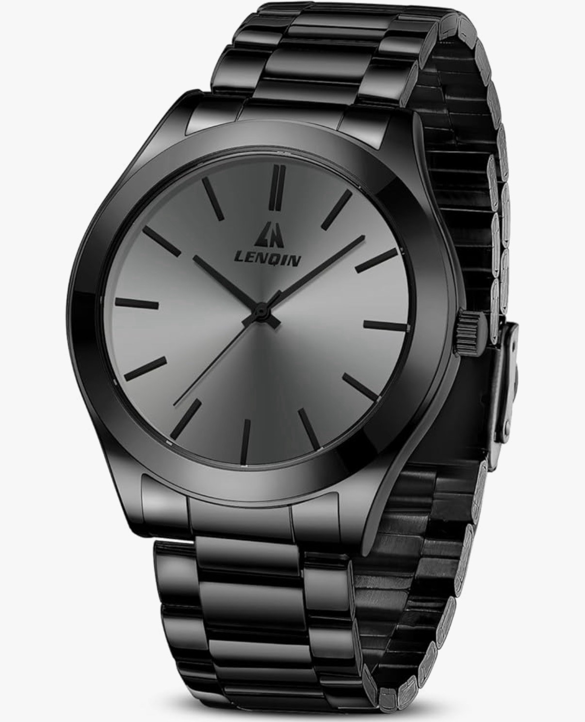 Lenoqin Men’s Quartz Wristwatch 50m/5ATM Black Stainless Bracelet Gray Dial