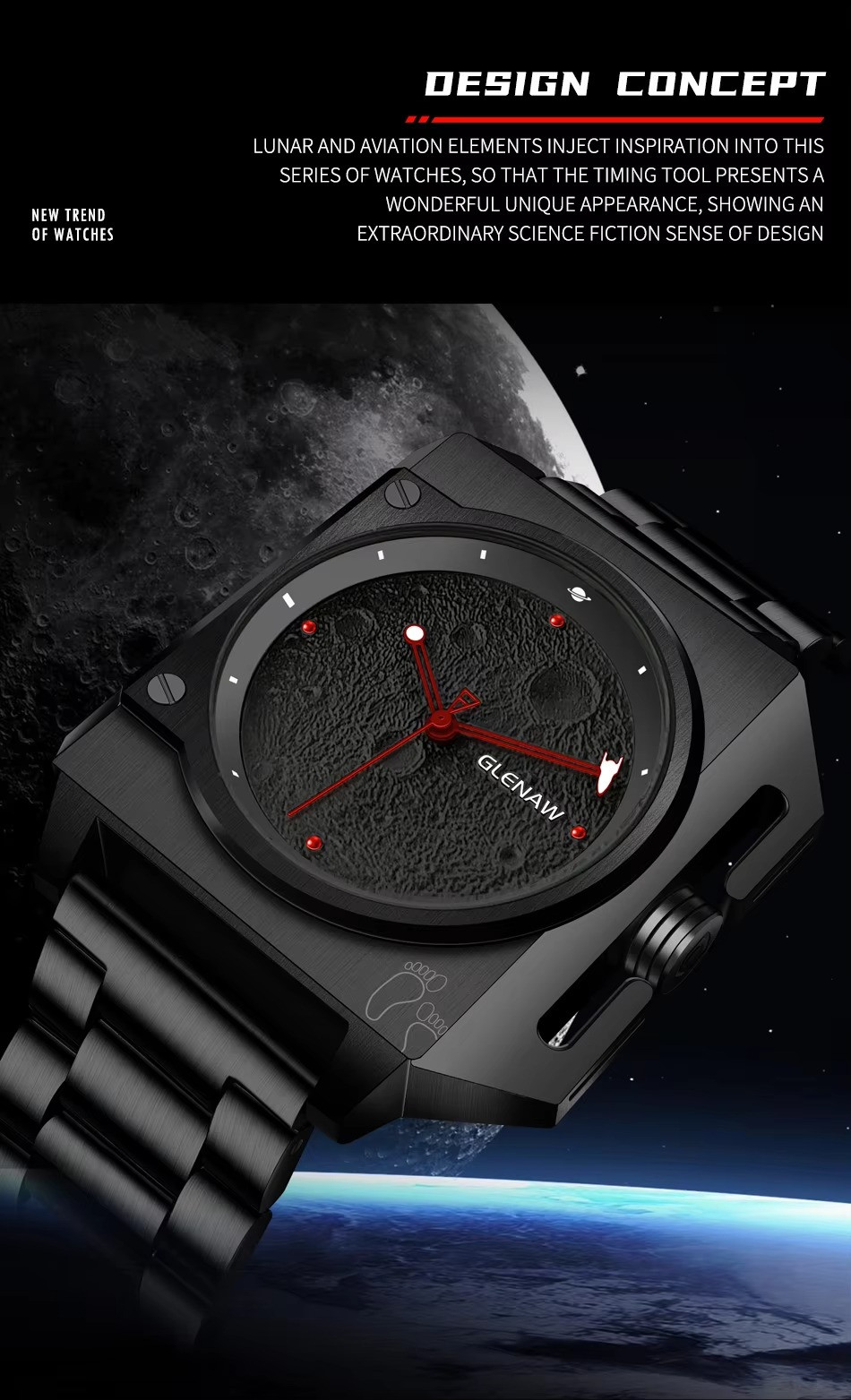 GLENAW Mechanical Men’s Watch Moon Surface Dial Luminous Spaceship Pointer 3ATM