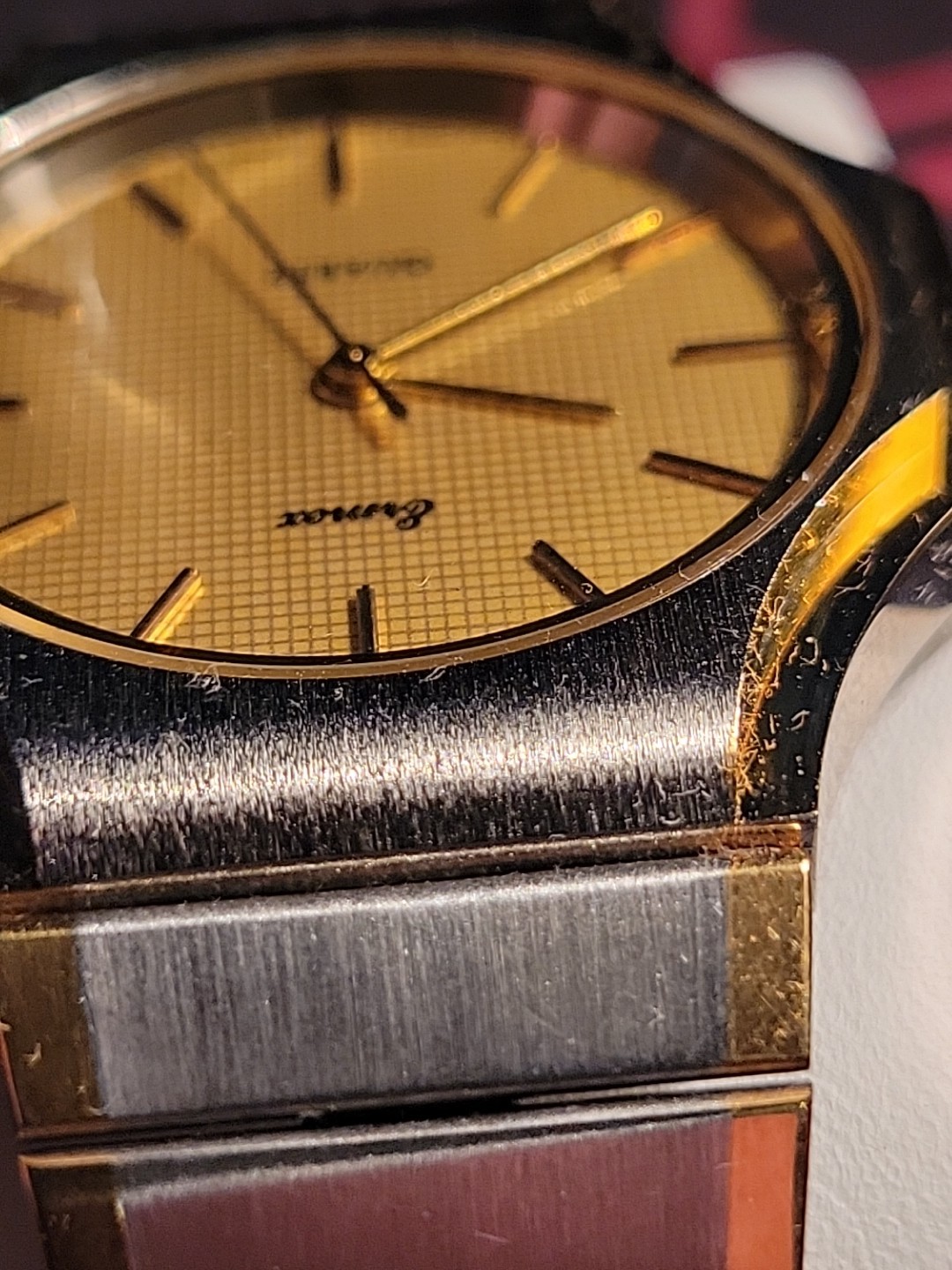 Ermex Watch 1986 NOS Gold Toned Circular Square Brushed Silver Works Mint Aristo
