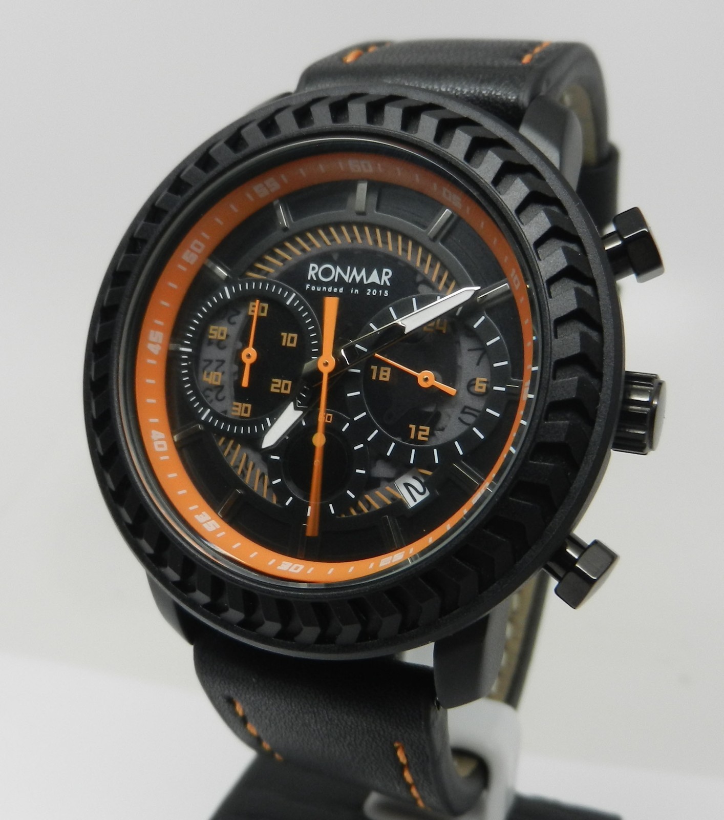 Men’s 44mm Chronograph Date Dial Black Orange With Leather Strap Rugged Watch