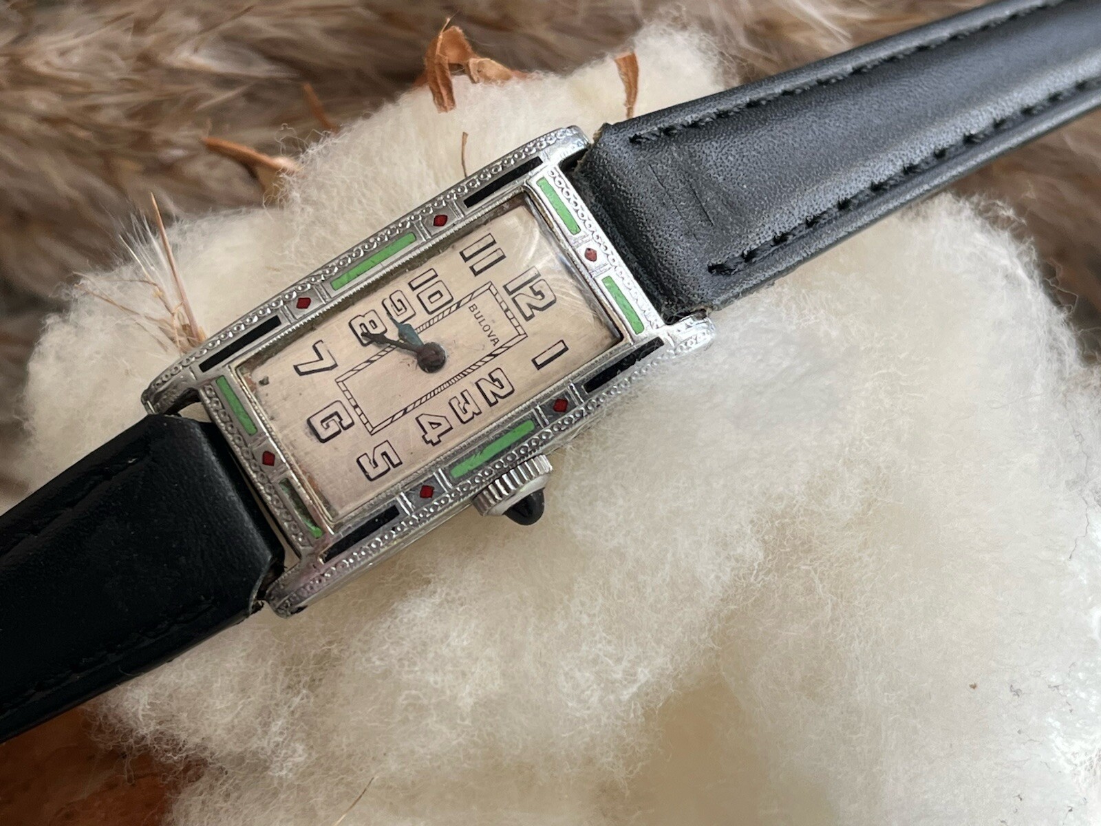 1929 Ladies Art Deco Enamel Bulova Watch~Vassar ~Runs