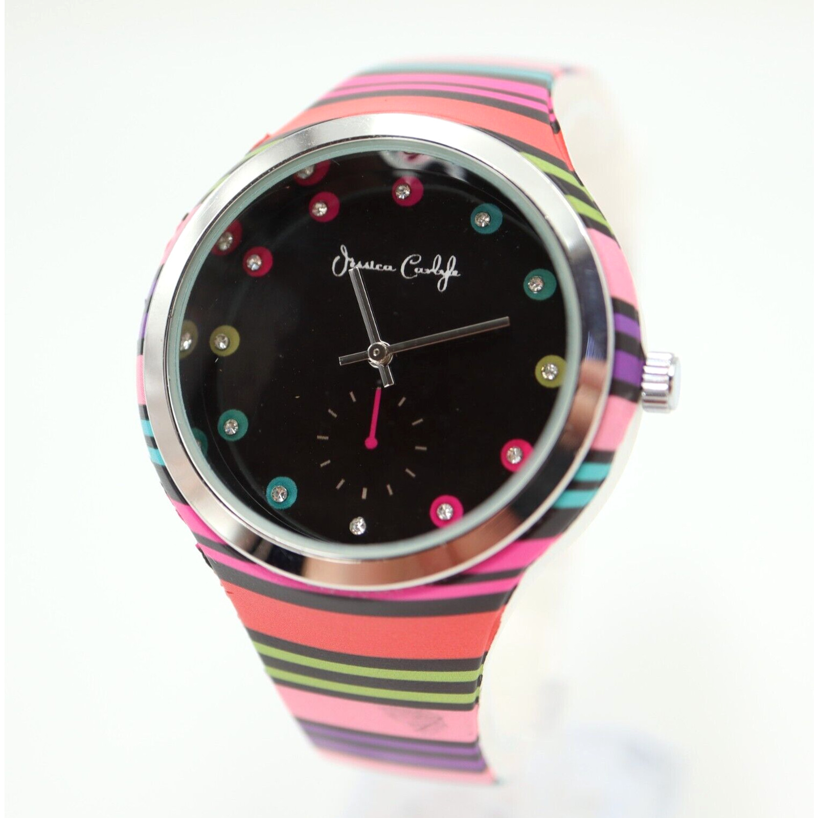 Jessica Carlyle Multicolor Watch 38mm Black Jeweled Dial Silicone Strap Working