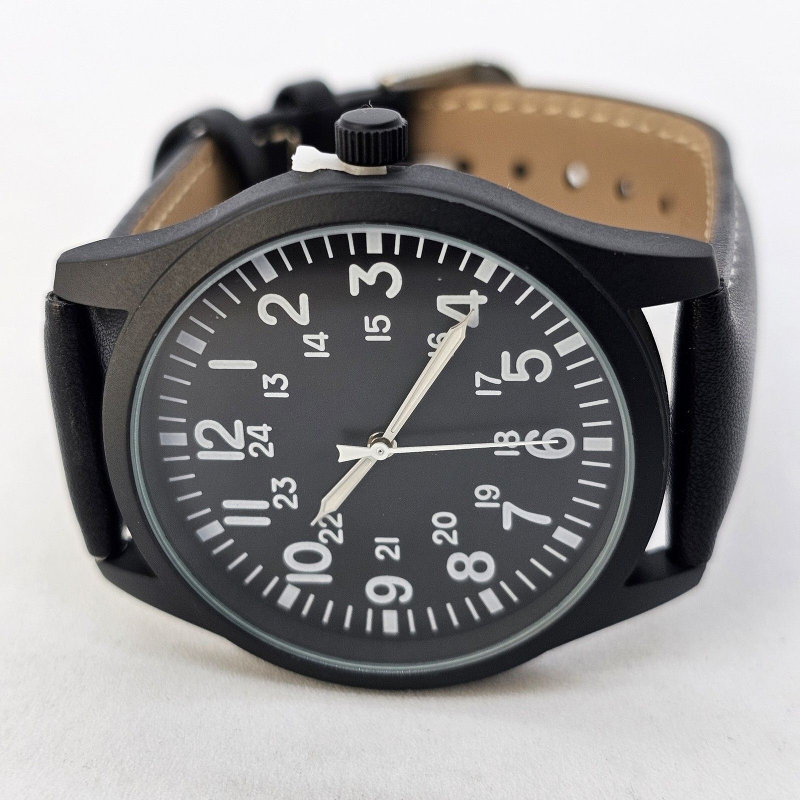 Men’s Field Watch 42MM Large Case Black Dial Black White Leather Band Straps