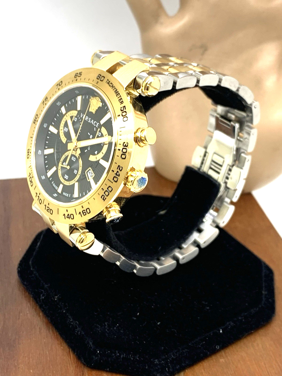 Versace Men’s Watch VEJB00622 Swiss Quartz Chronograph Black Dial Two Tone Steel