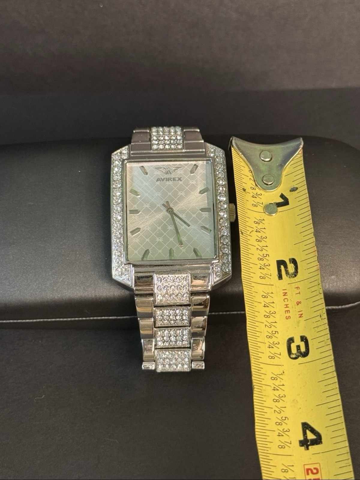 Avirex Men’s Rhinestone Watch – Silver Tone Rectangle Face Bling Iced Out