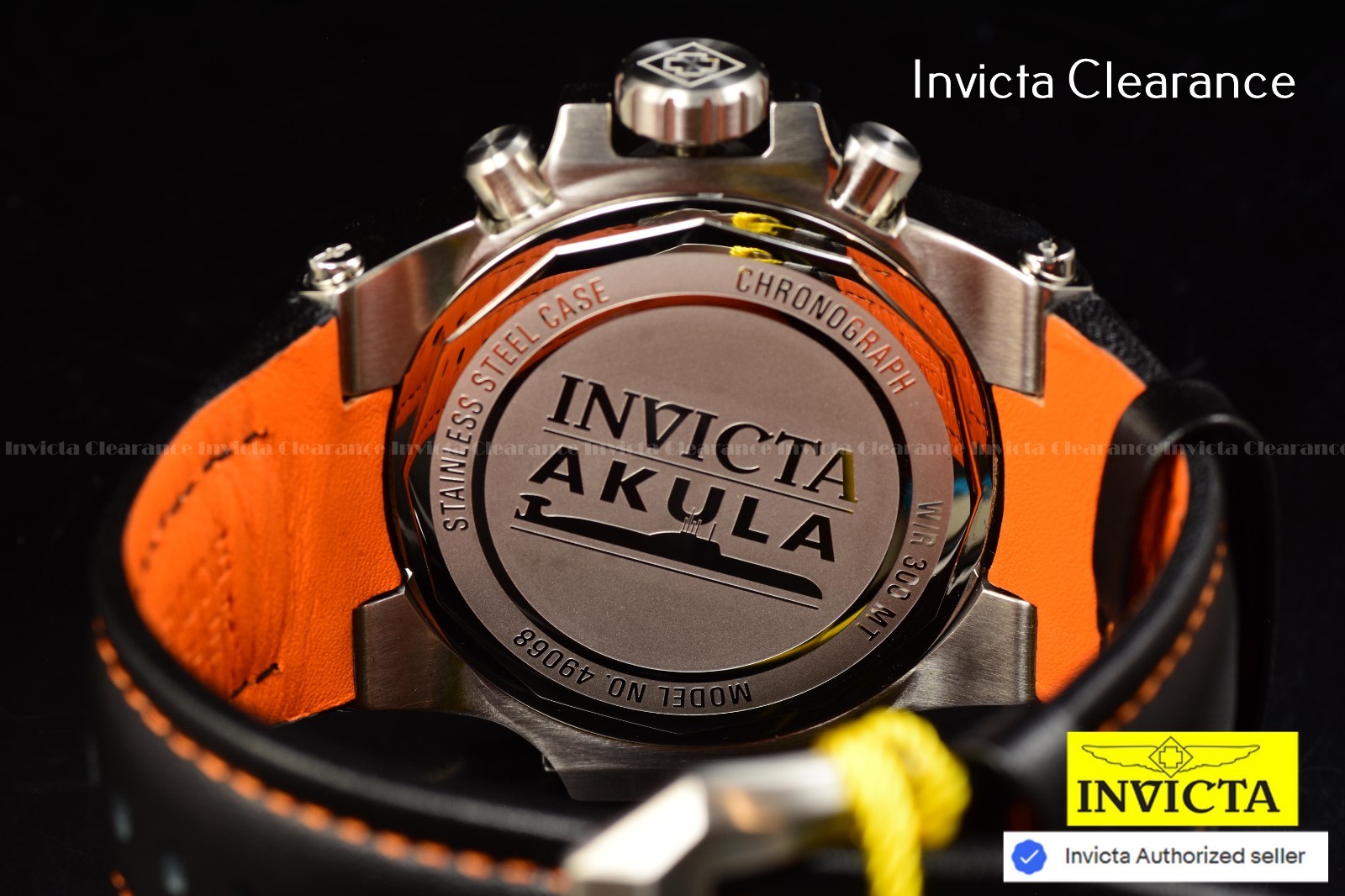 Invicta Men’s AKULA 58mm Chrono Quartz Orange Dial Black Leather 300m Watch