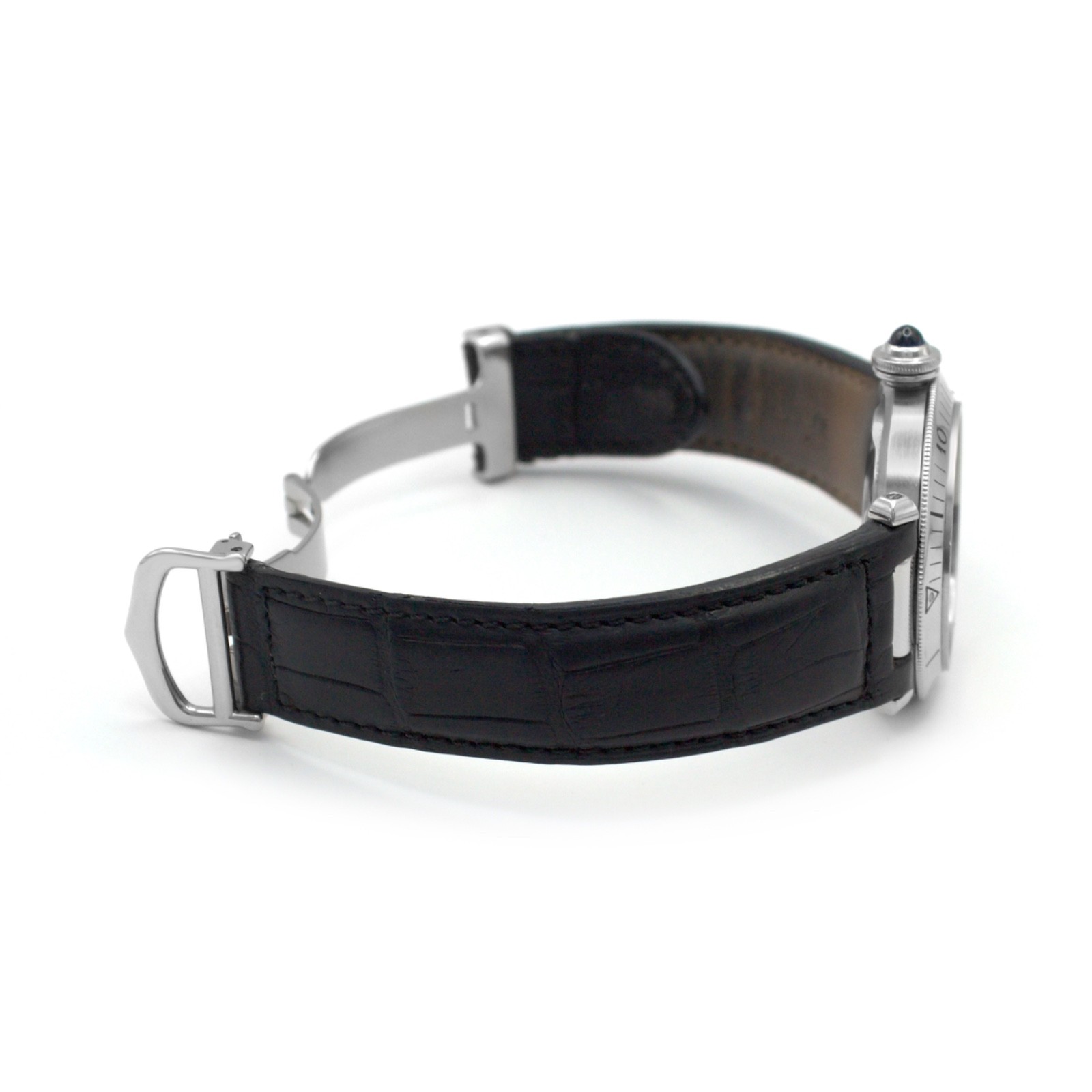 Cartier Pasha 1040 Auto 38m Ivory Dial Stick Date Black Leather Band Steel Watch
