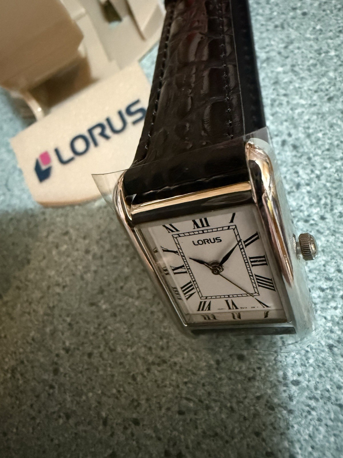 New Women’s Lorus Watch 16×21 MM Ivory Rectangle Face Black Strap W/ Gift Box