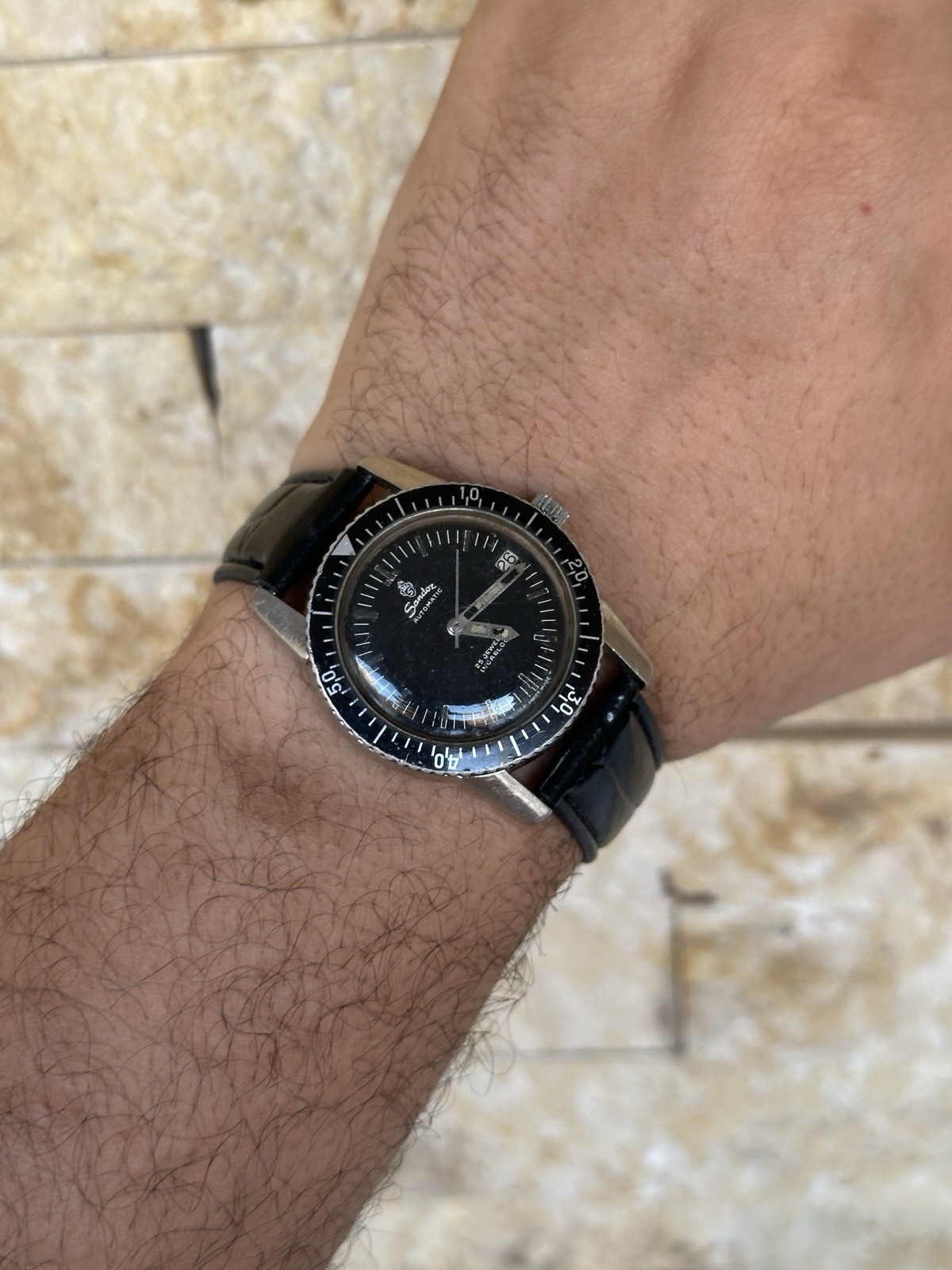 Rare Vintage Sandoz Automatic Skin Diver Watch 25 Jewels 37mm Boxed Black Date