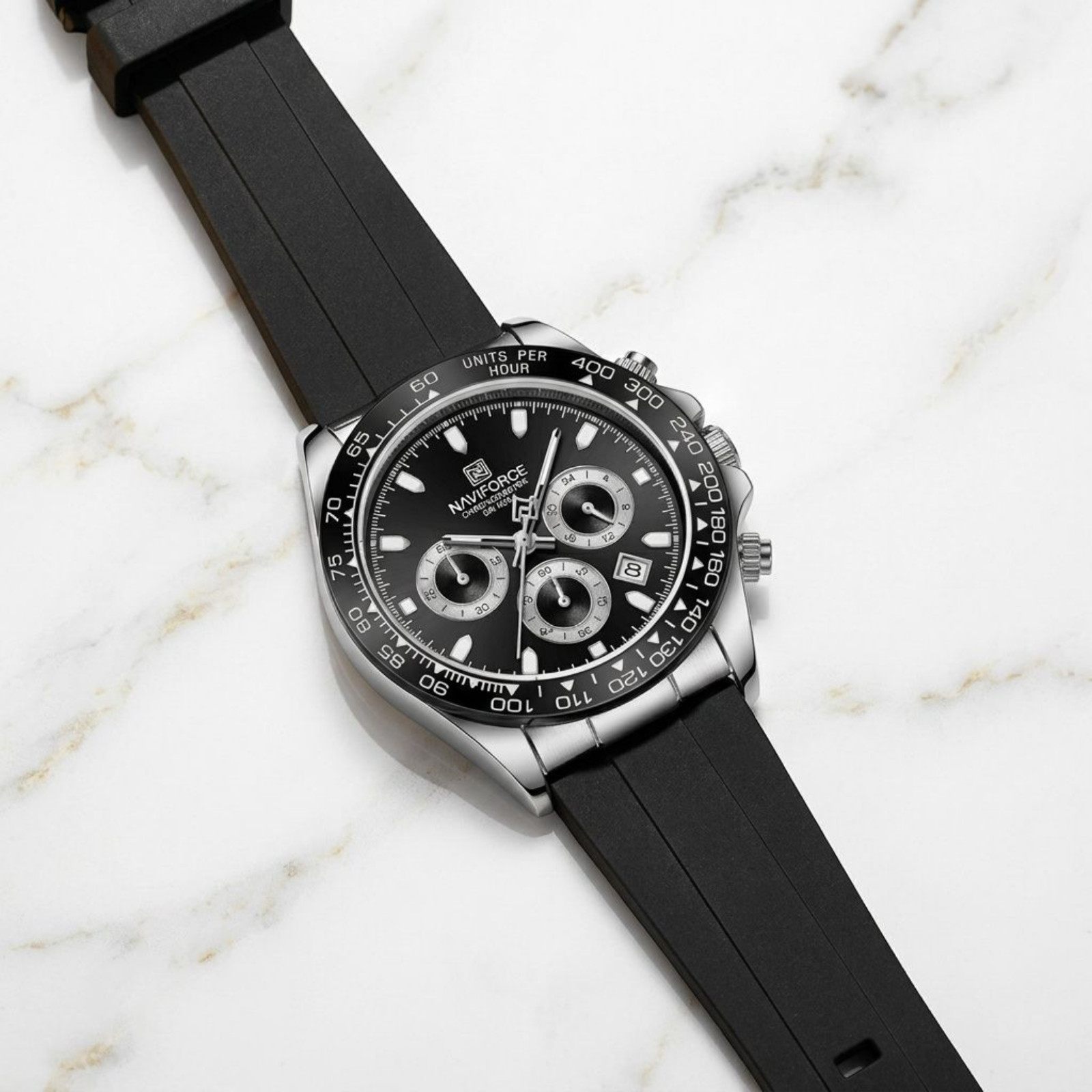 Men Sporty Silver Business Watch Tachymeter Bezel Silicone Strap Black Dial 42mm