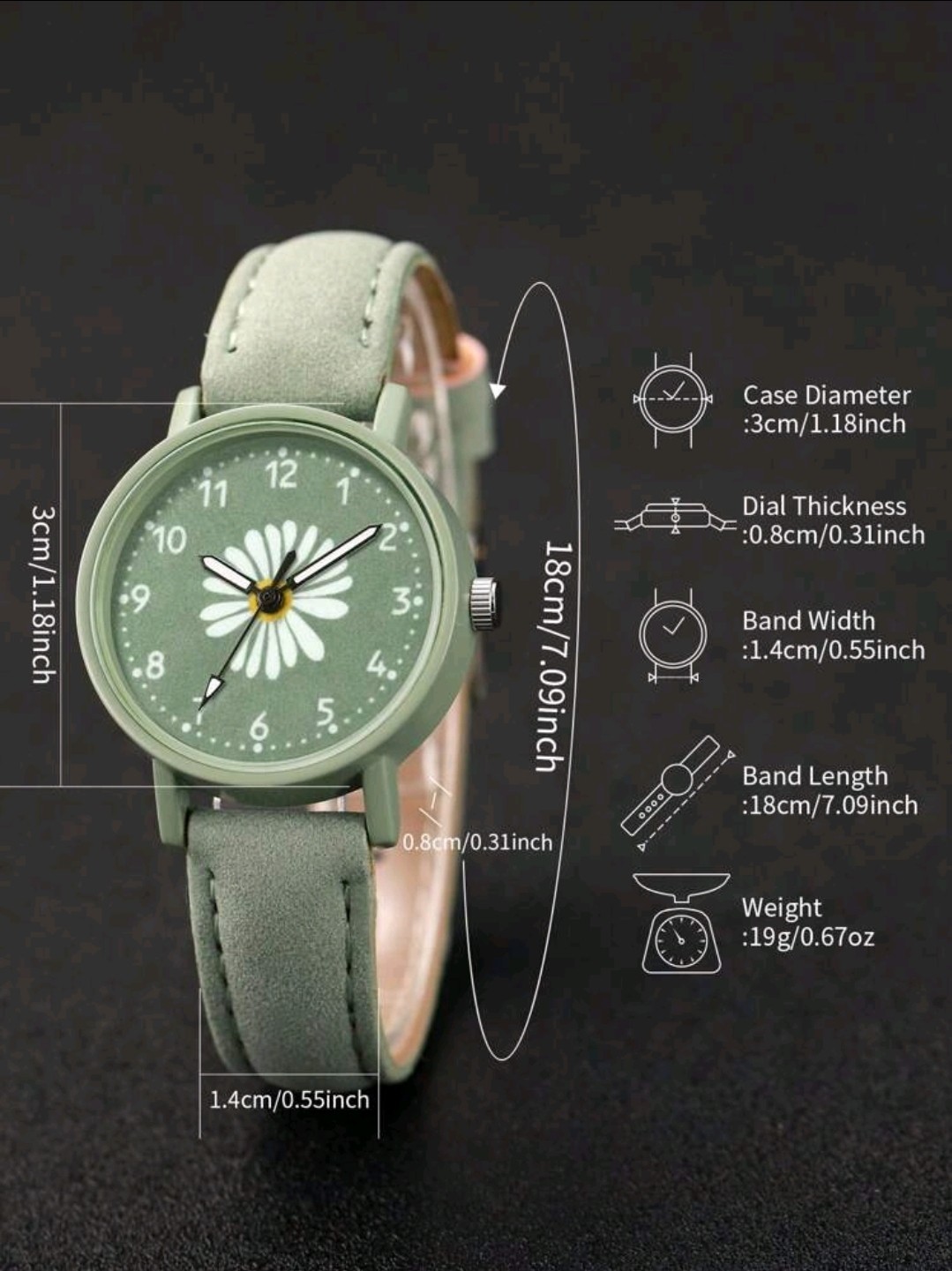 2pcs Women’s Green Daisy Numeric Dial Quartz Watch & Floral Charm Bracelet Set