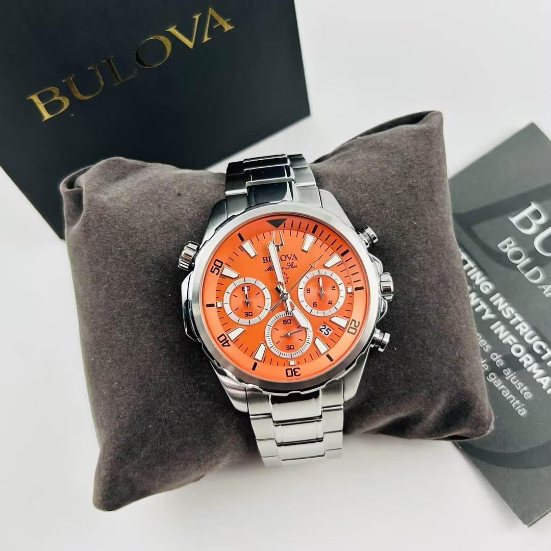 Bulova Men’s Marine Star 96B395 Orange Dial Stainless Chronograph Quartz Watch
