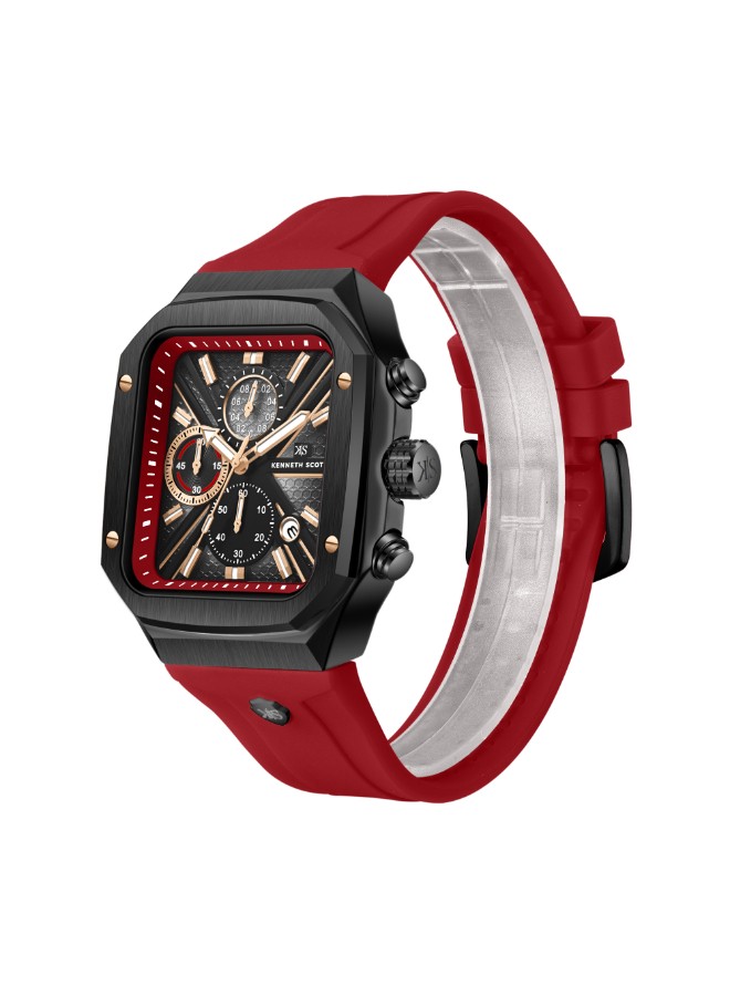 Kenneth Scott Men’s Chronograph Watch | Black Dial, Red Band, 44mm, 30 m (3 ATM)
