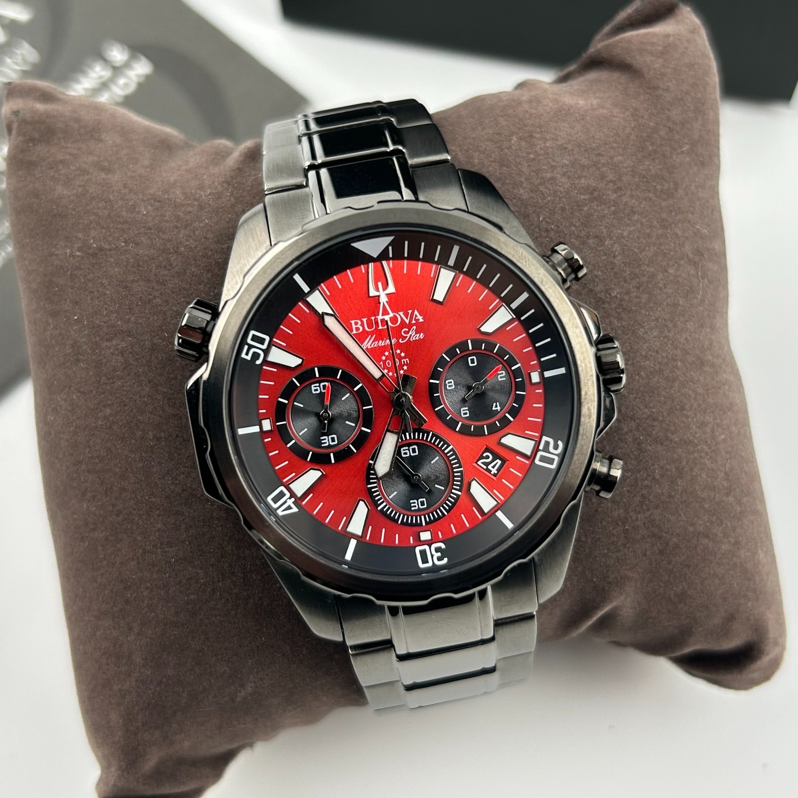 Bulova Marine Star 98B350 Red Dial Chronograph Men’s Quartz Watch 43MM New/Box