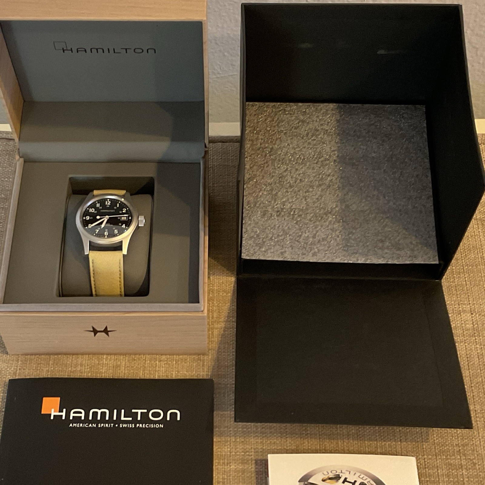Hamilton Khaki Field Mechanical 38mm Black Dial Beige Canvas Strap Date 50m