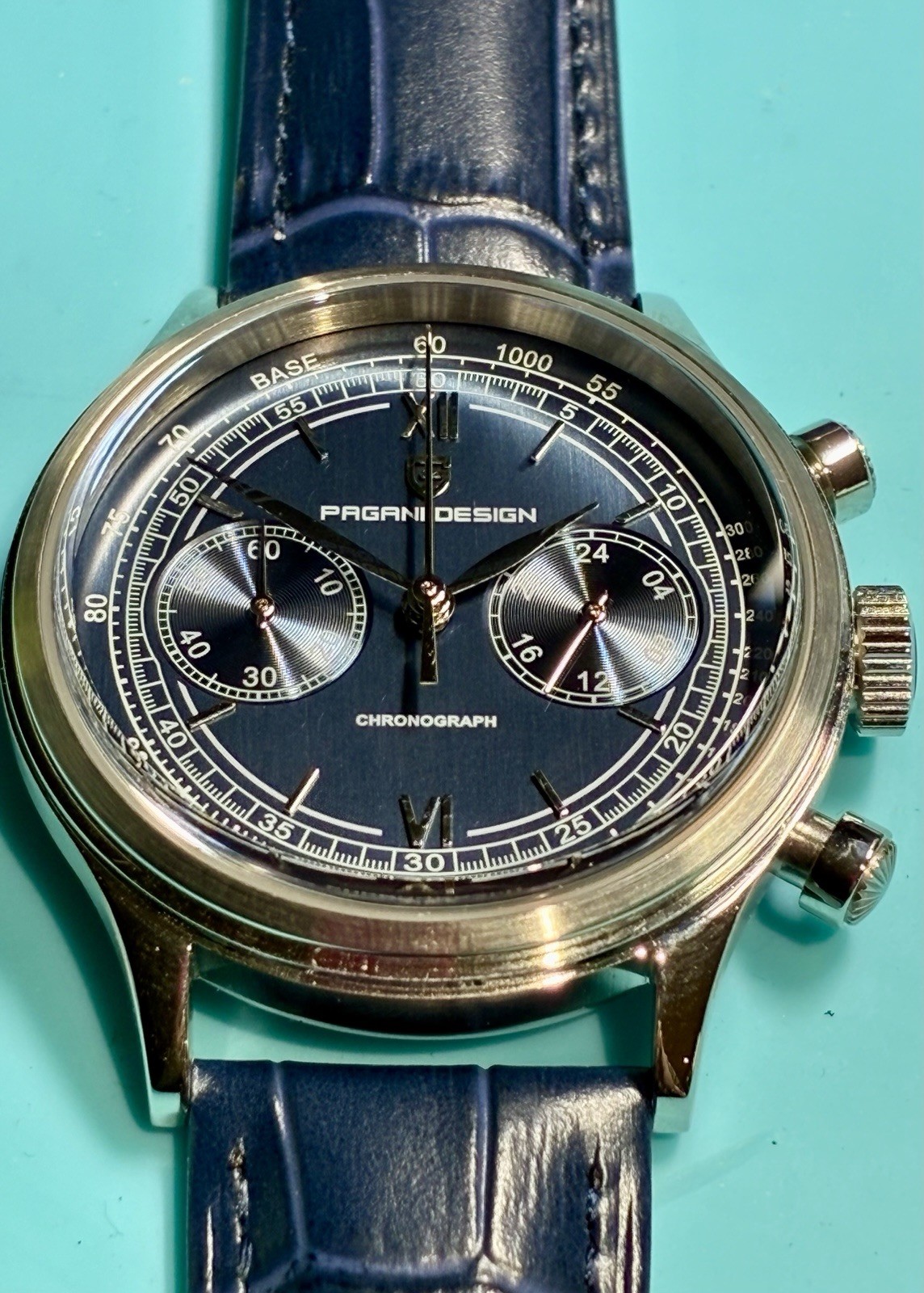 PAGANI DESIGN 40MM CHRONO VINTAGE STYLE BLUE BICOMPAX DIAL SEIKO VK64 QUARTZ