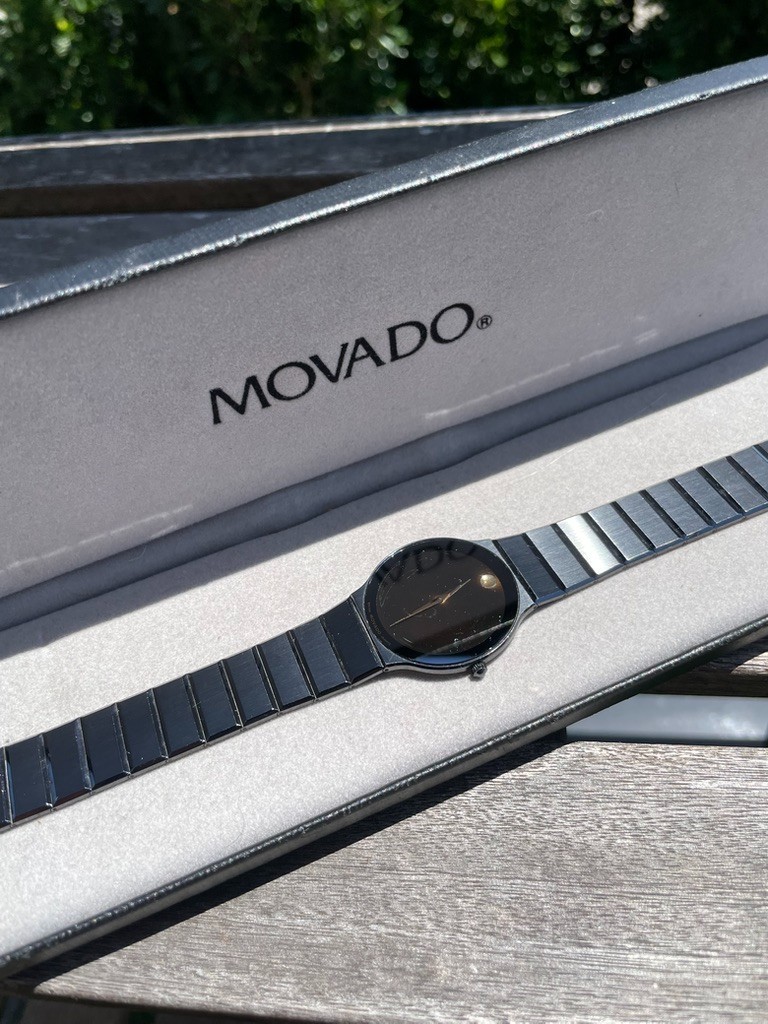 1990s Movado Museum Ultra Thin Black PVD Quartz Watch w/ Box, ref. 84-40-880-A