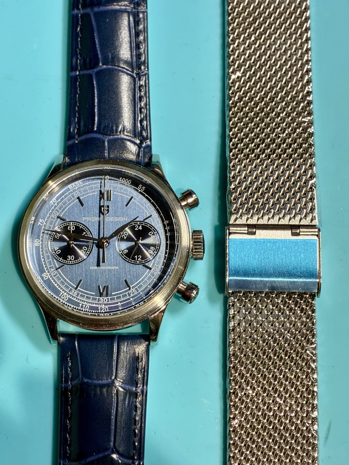 PAGANI DESIGN 40MM CHRONO VINTAGE STYLE BLUE BICOMPAX DIAL SEIKO VK64 QUARTZ