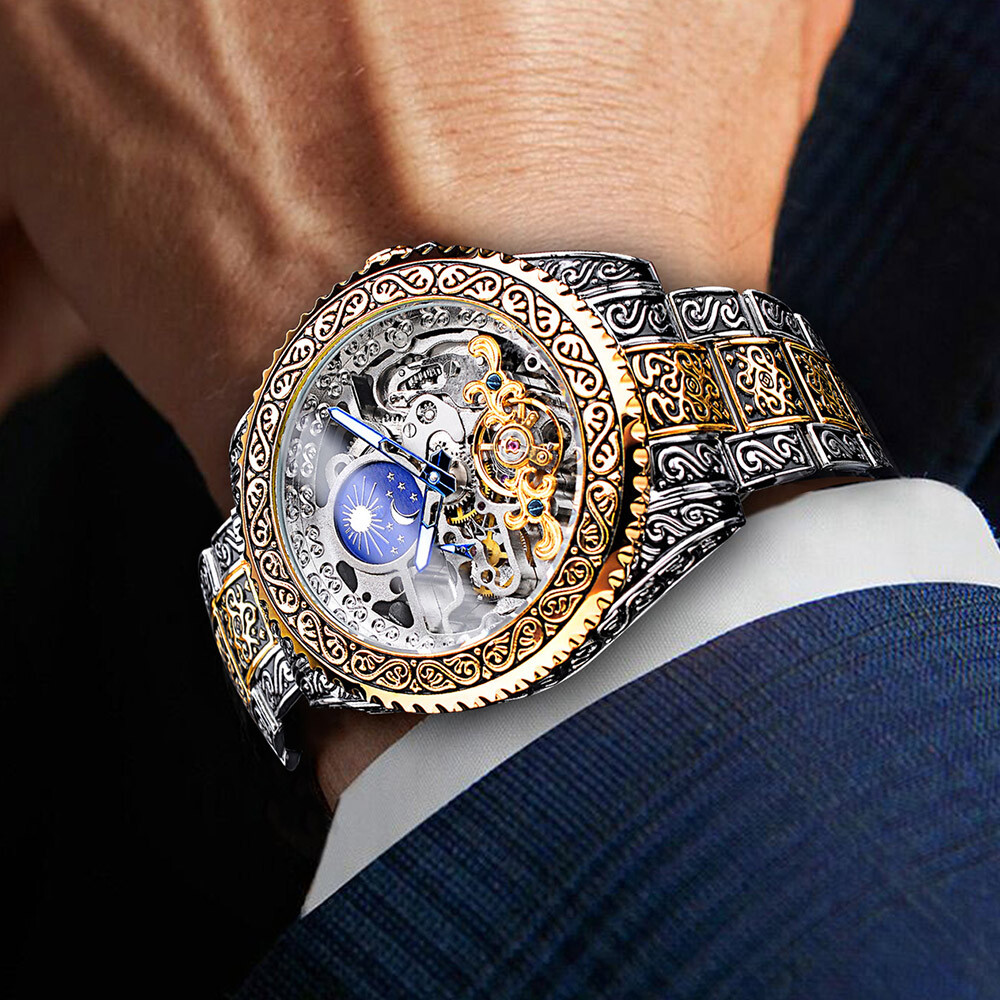 FORSINING Men Retro Luxury Carved Skeleton Tourbillon Automatic Mechanical Watch