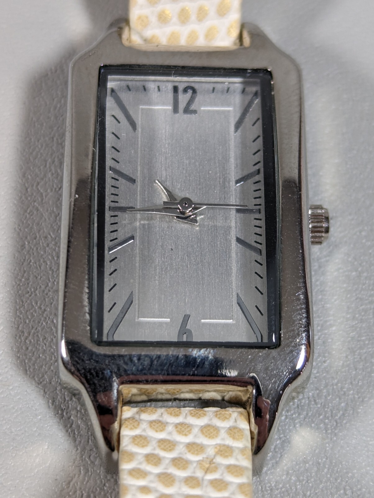 Silver Tone Dial Rectangle Case White Faux Leather Band Watch