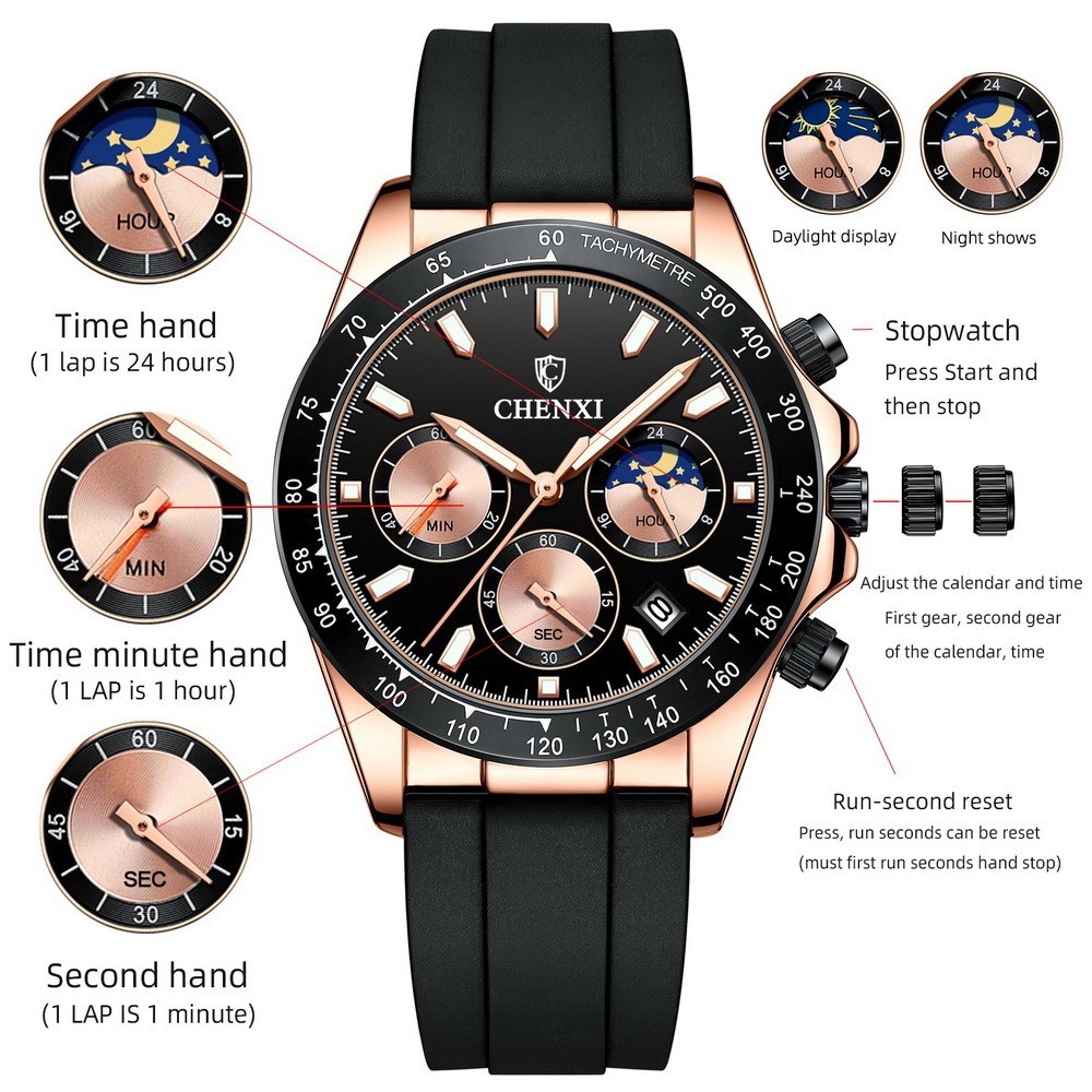 CHENXI Men’s Rose Luminous Calendar Chronograph Moon Phase Business Quartz Watch