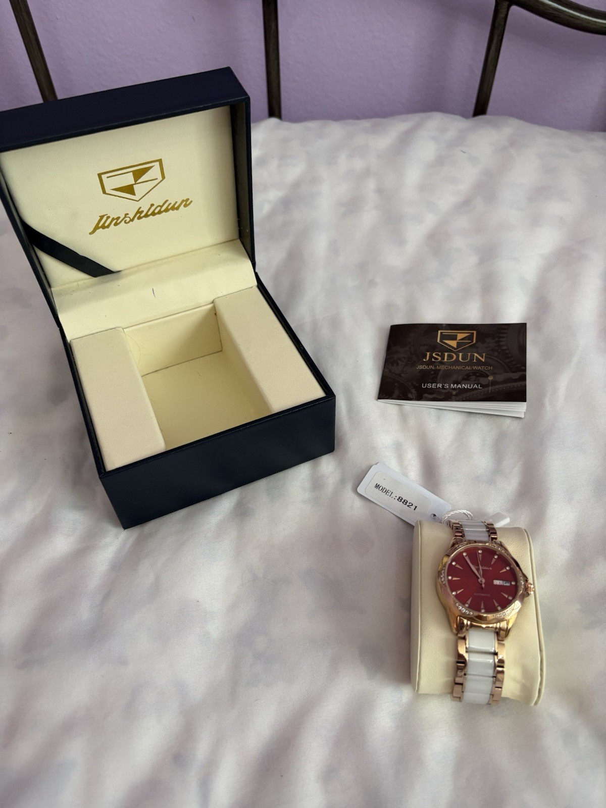 JSDUN Ladies Stainless Mechanical Watch Red Face Gold Tone Elegant Gems Date NIB
