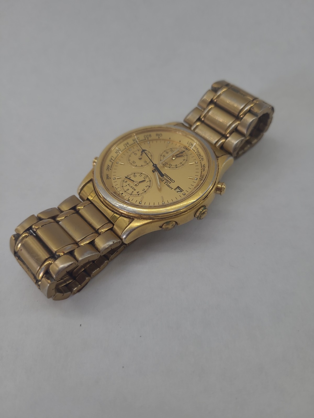 Vintage Seiko 5T52-6A29 World Timer GMT Alarm Gold Tone 37.5mm Watch