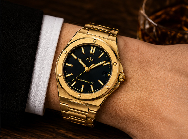 Nova Christian Chosen Custom Watch Black Dial Gold Tone Bracelet Date