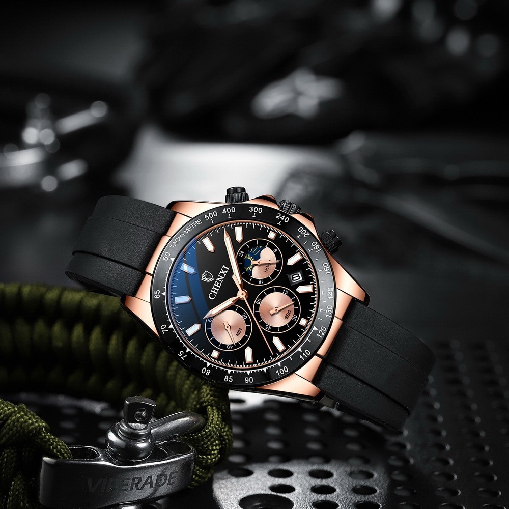 CHENXI Men’s Rose Luminous Calendar Chronograph Moon Phase Business Quartz Watch