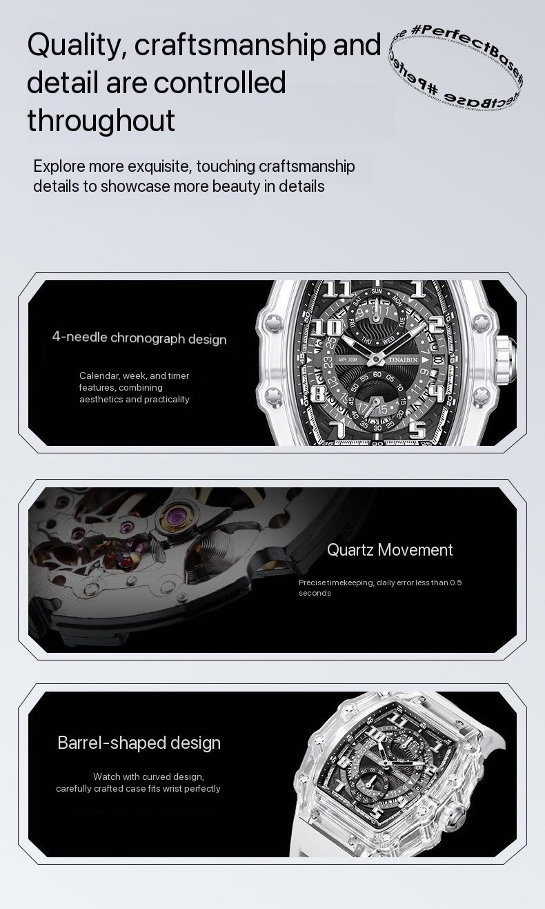 Fashion Luxury Barrel Shape Skeleton Watch Men’s Quartz Sport Watch Rubber Band