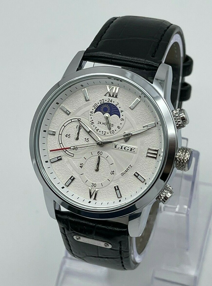 NEW Men’s LIGE Silver Tone Moonphase Chronograph Black Leather Dress Watch
