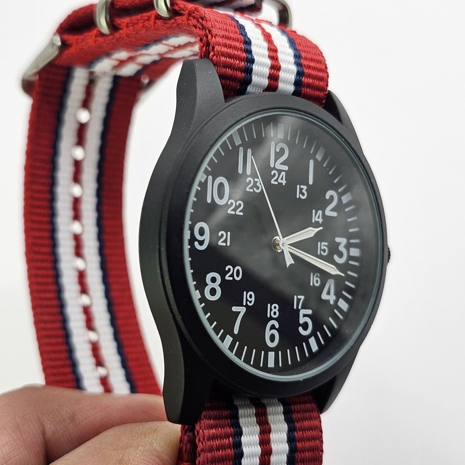 Men’s Military Watch 42MM Large Case Black Dial Red Blue White Canvas Band Strap