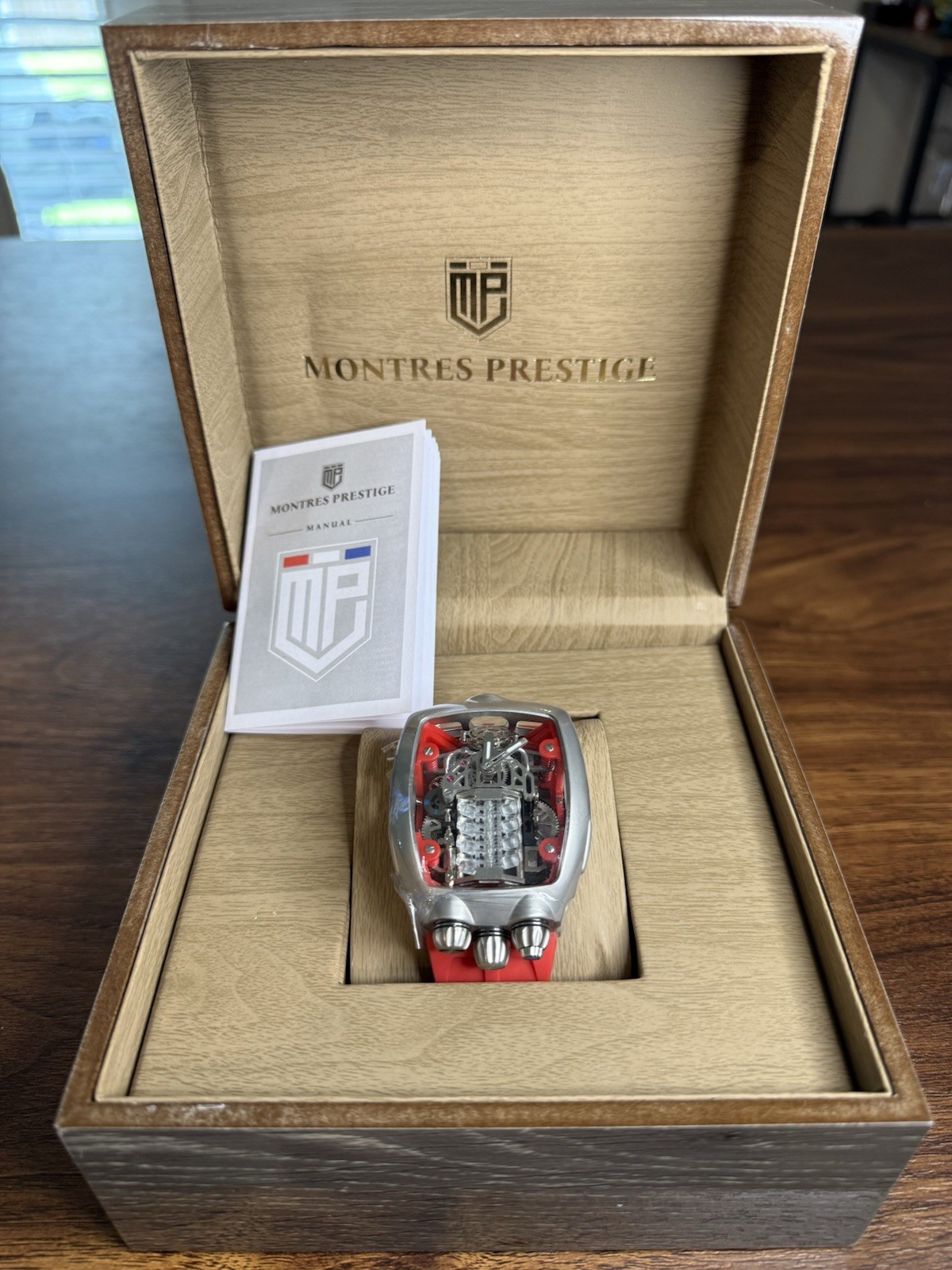 🏎️ Montres Prestige Automatic Skeleton 44mm Red Silicone Strap Watch w/ Box