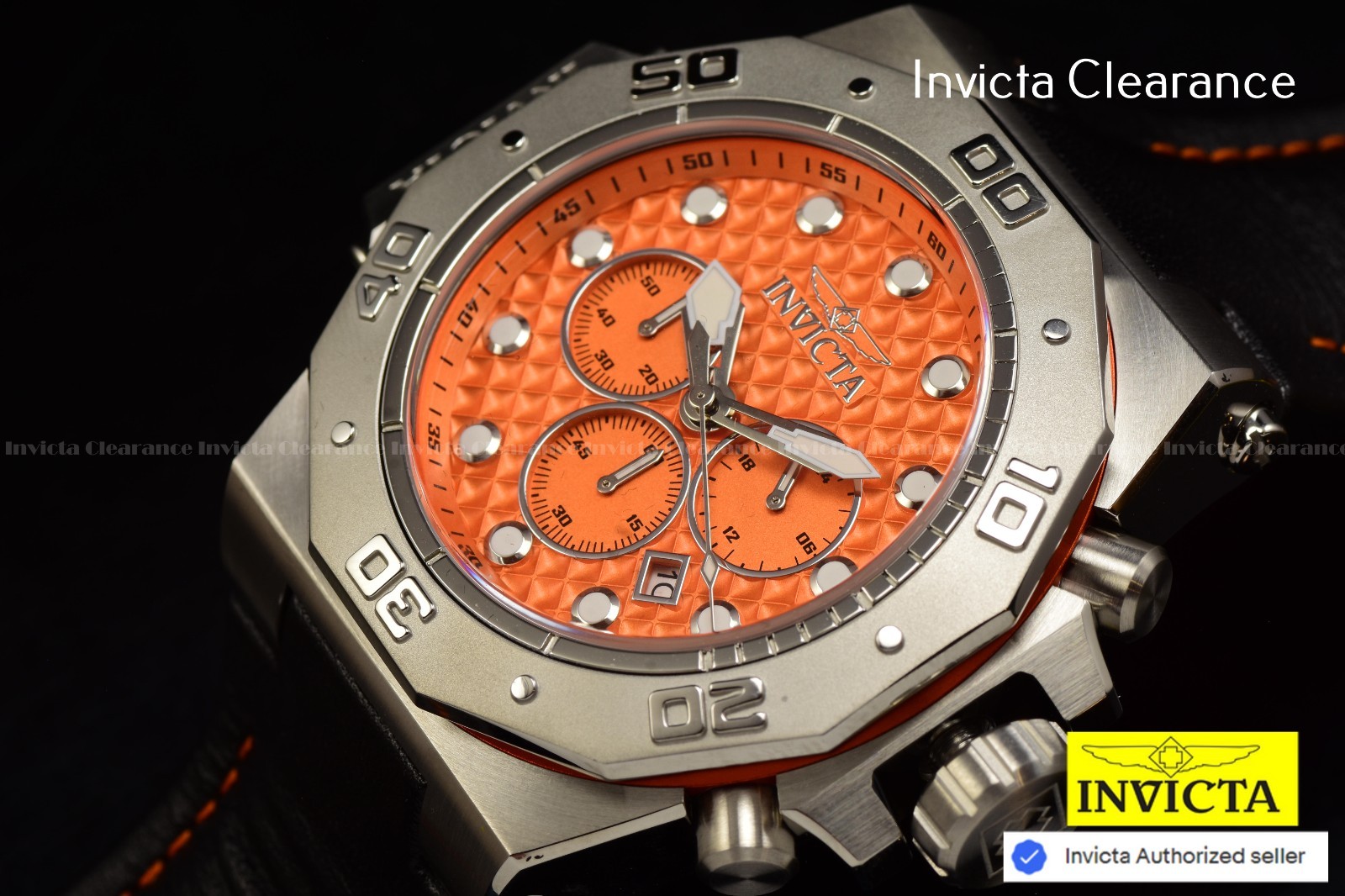 Invicta Men’s AKULA 58mm Chrono Quartz Orange Dial Black Leather 300m Watch