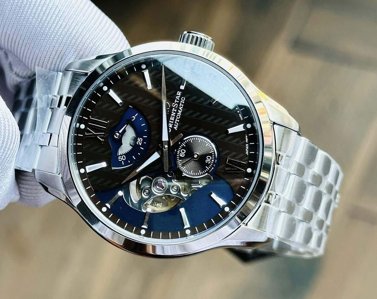 Orient Star Automatic Brown Blue Dial Men’s Watch Power Reserve RK-AV0B02Y