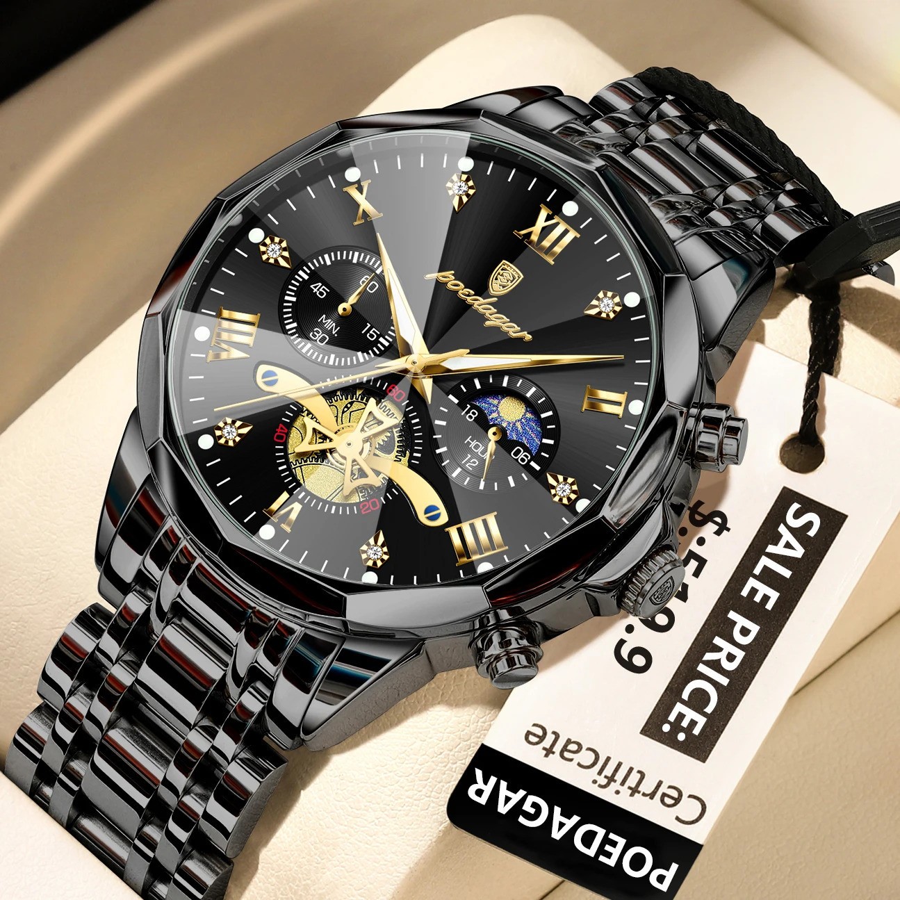 POEDAGAR Mens Quartz Watch Stainless Steel Waterproof Luminous Chronograph