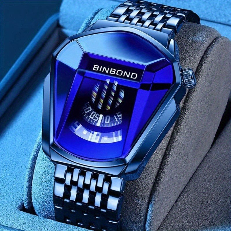 Men’s All-Blue Futuristic Motorcycle Watch – Blue Steel Case & Band Black Tech