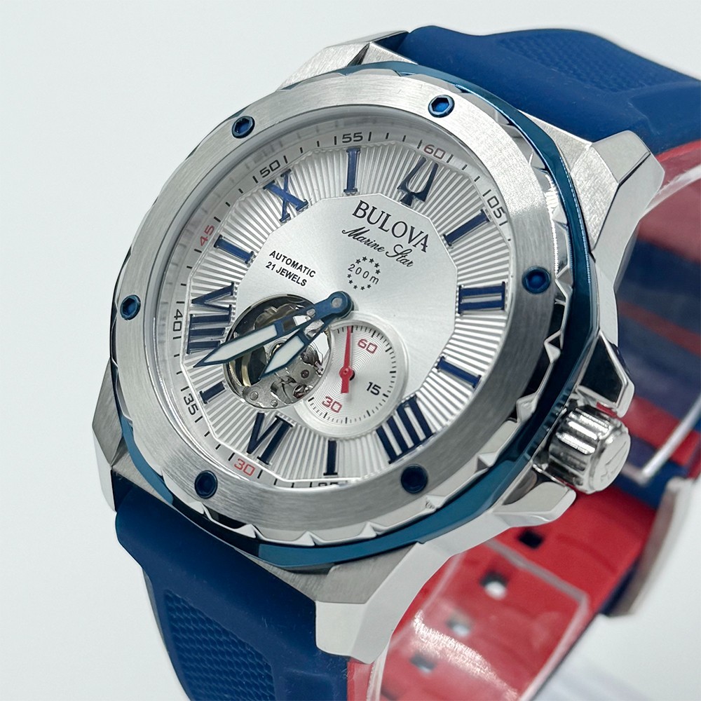 Bulova Men’s Marine Star Automatic White Dial Blue Rubber Strap Watch 98A225