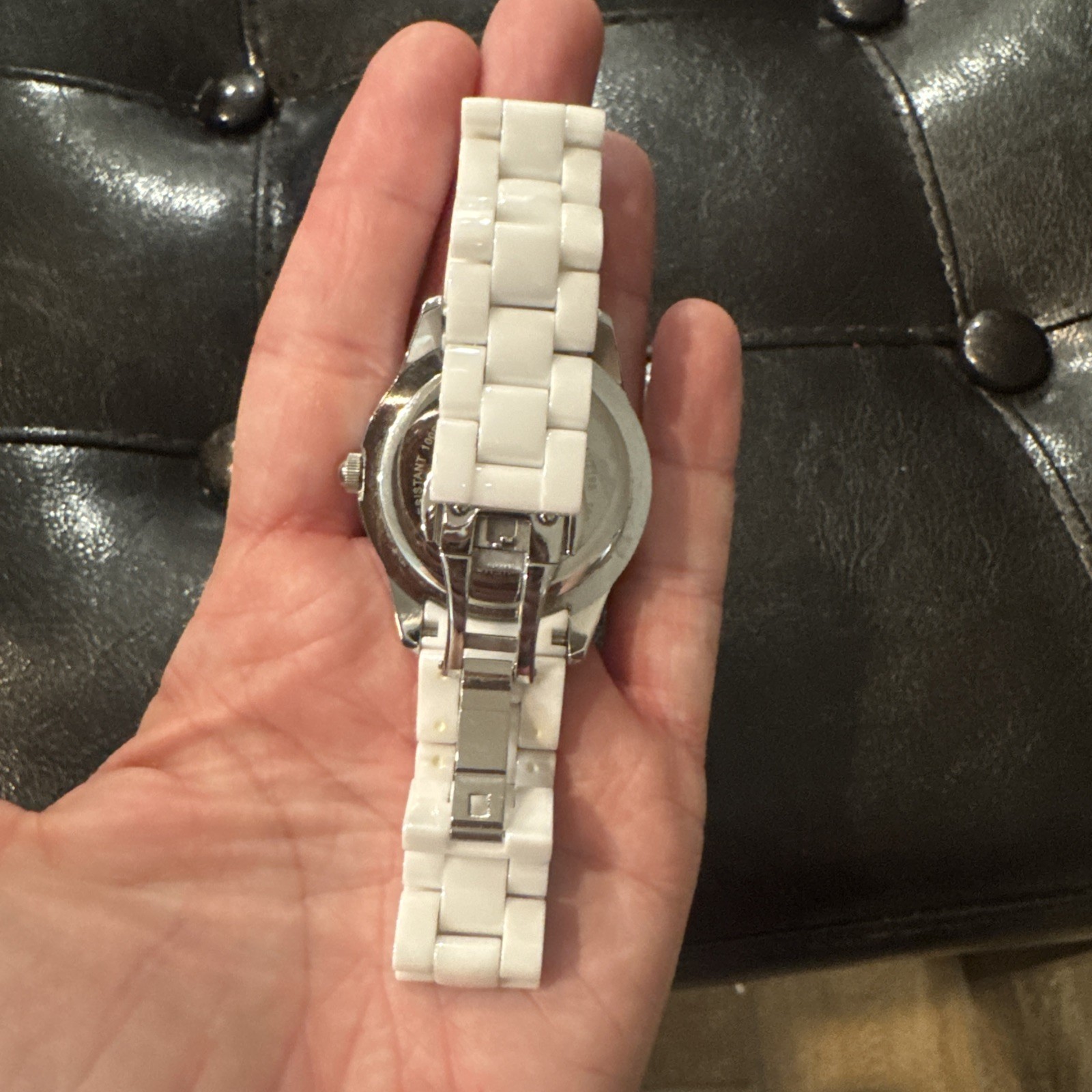 Anne Klein 12/2199 White Ceramic Band Crystal Accented NEEDS BATTERY