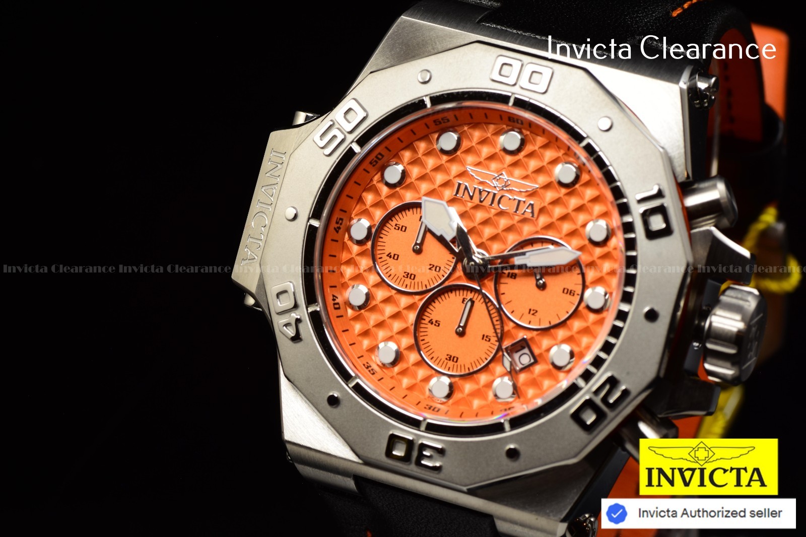Invicta Men’s AKULA 58mm Chrono Quartz Orange Dial Black Leather 300m Watch