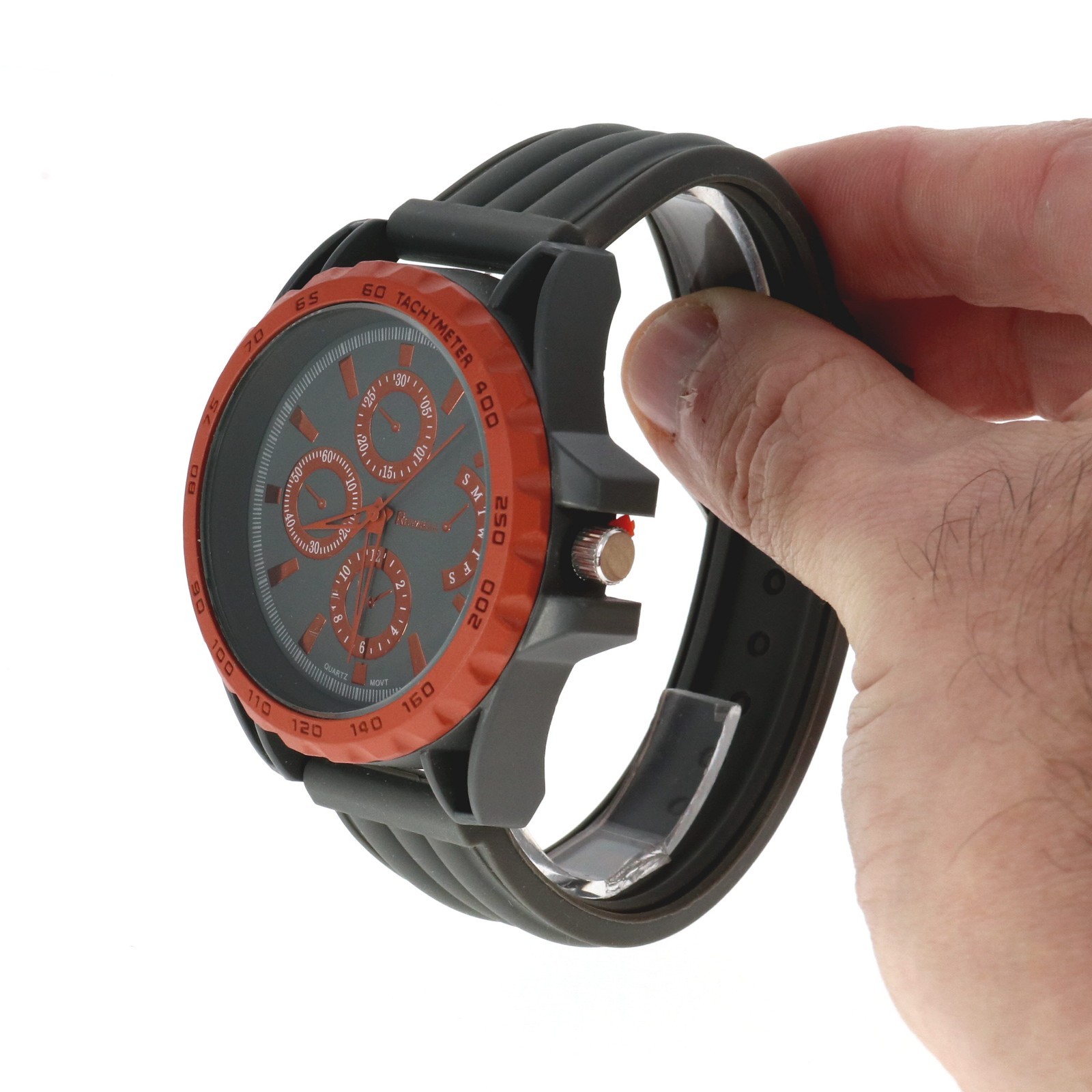 Raynell Chronograph Style Gray Dial , Orange & Grey Oversize Bezel Silicone Band