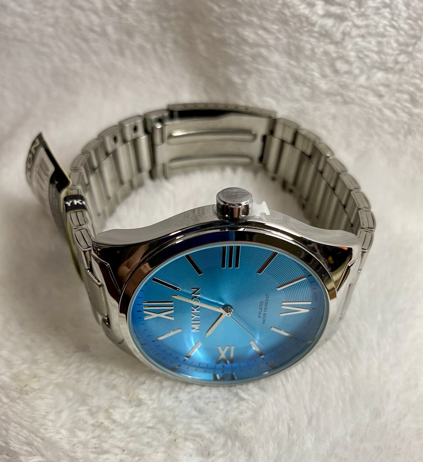 Men’s Miykon Silver-Tone Quartz Watch with Turquoise Blue Sunray Dial, New