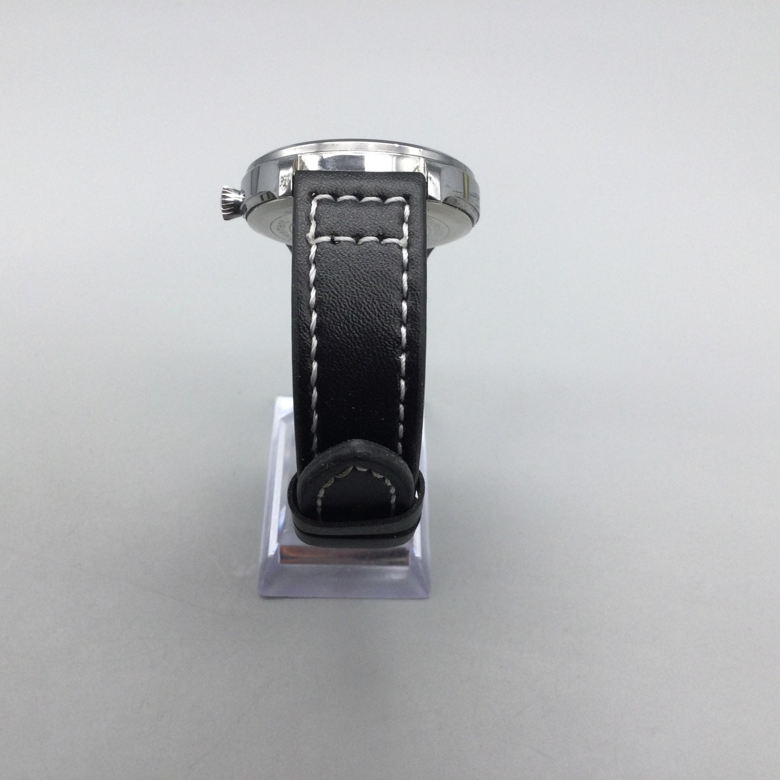 Vince Camuto Mens Watch 42mm Silver Tone Blue Dial Black Faux Leather 3ATM